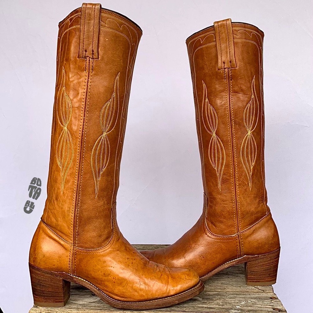 SOLD FRYE Vintage Black Label Stitching Tall Knee High Brown Western Boots 9 9.5 - Picture 9 of 11